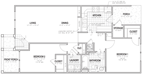 Floor plan for 2 beds, 1 bath, 974 sqft